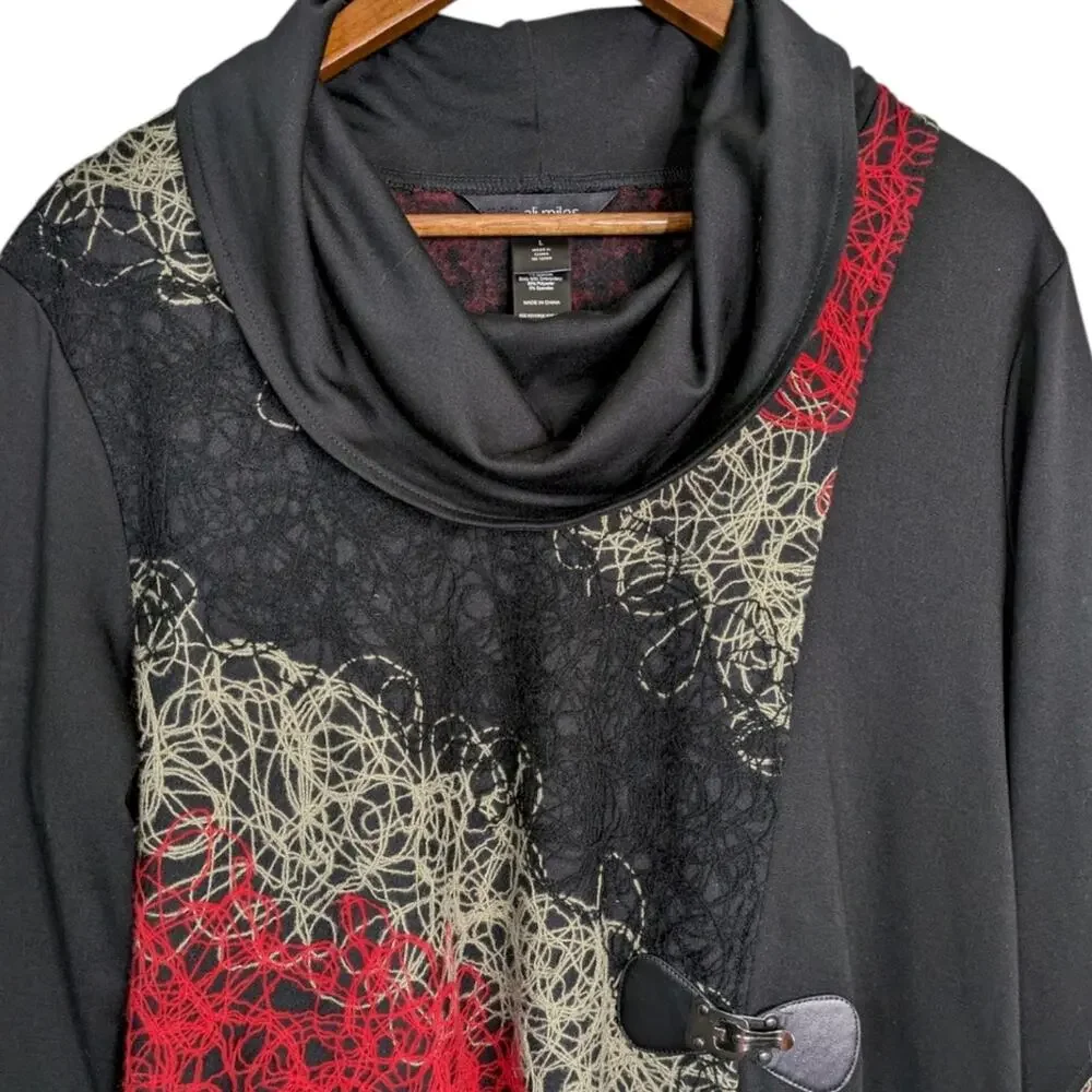 Ali Miles Tunic Top Large Cowl Neck Yarn Applique Textured Buckle Red Black Art
